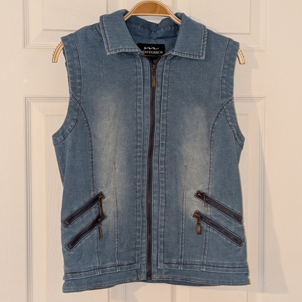 Montana Clothing Company Womens Denim Vest Blue Zip Front Smocked Side Small NWT